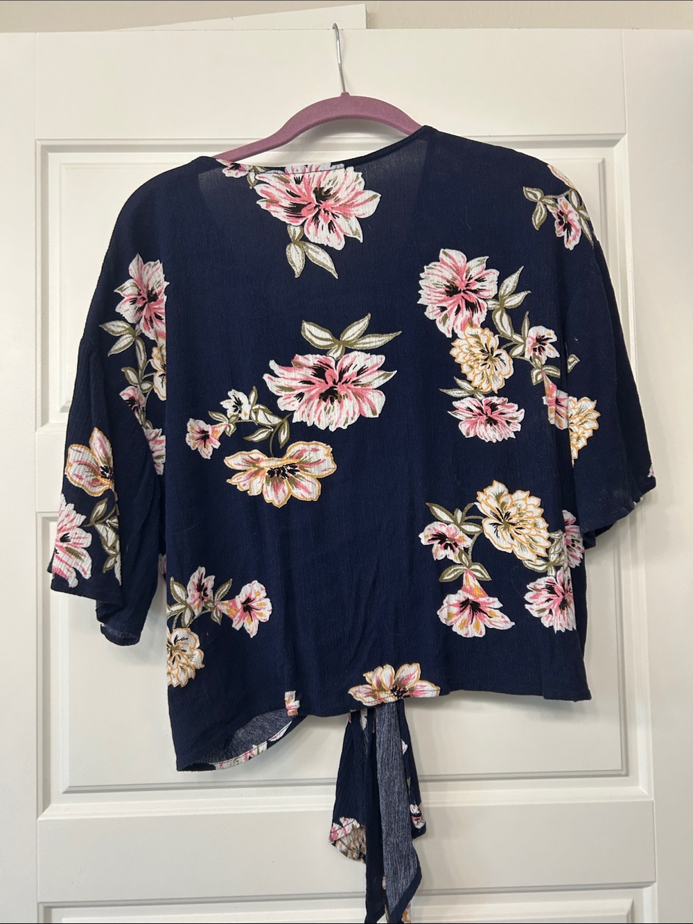 Navy Floral Tie-Front Top with Pink Flowers - Picture 4 of 4